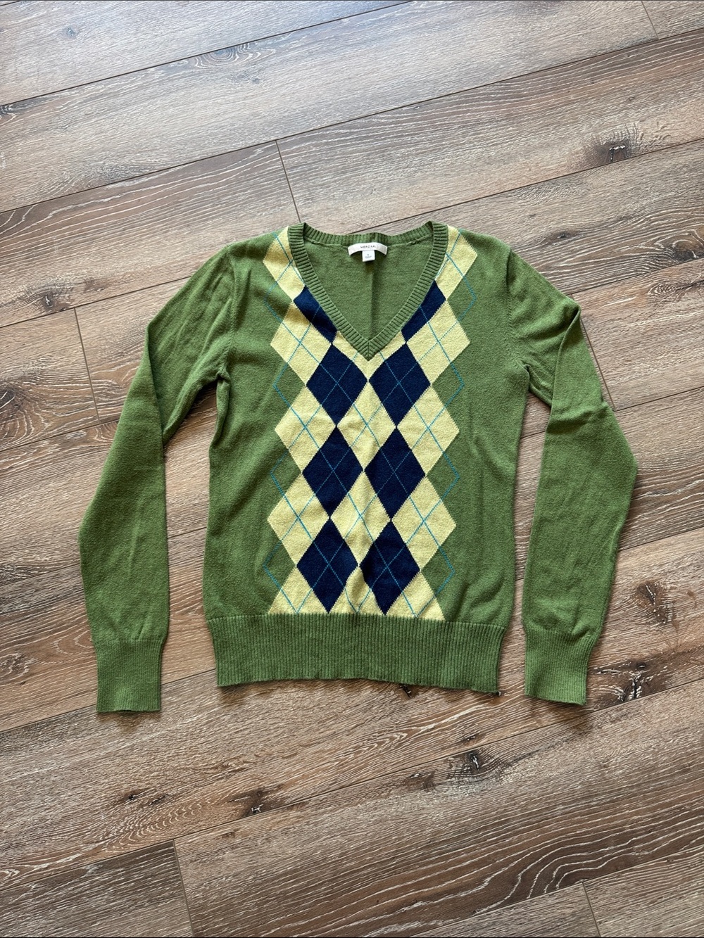 Merona Olive Green V-Neck Argyle Sweater with Navy and Light Green